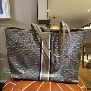 Tory Burch Gray and Navy Blue Patterned Tote Bag